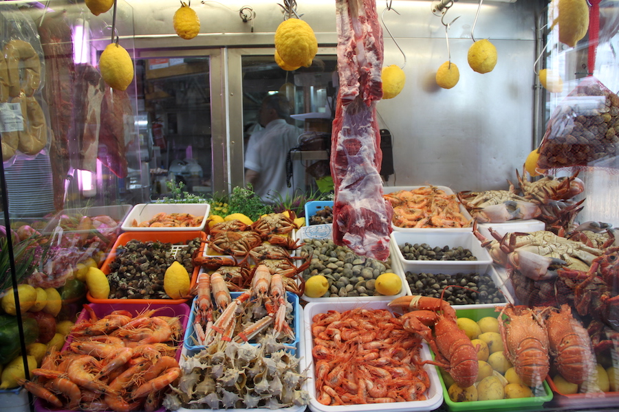 A stacked sea food counter in Lisbon's historic port district